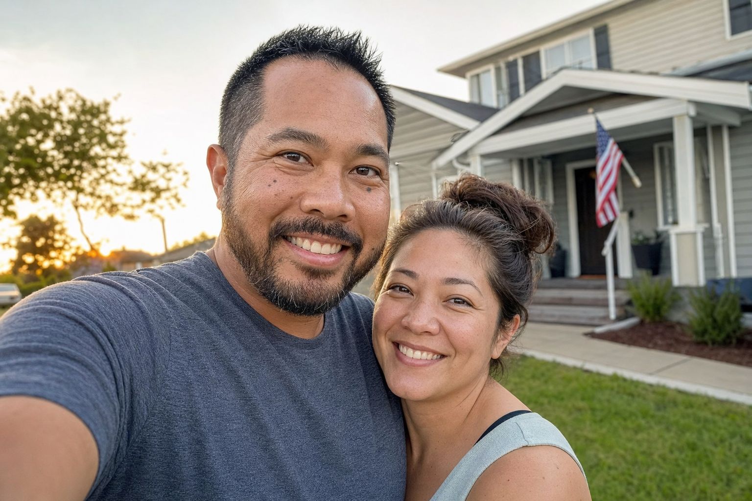 American couple in front of their home